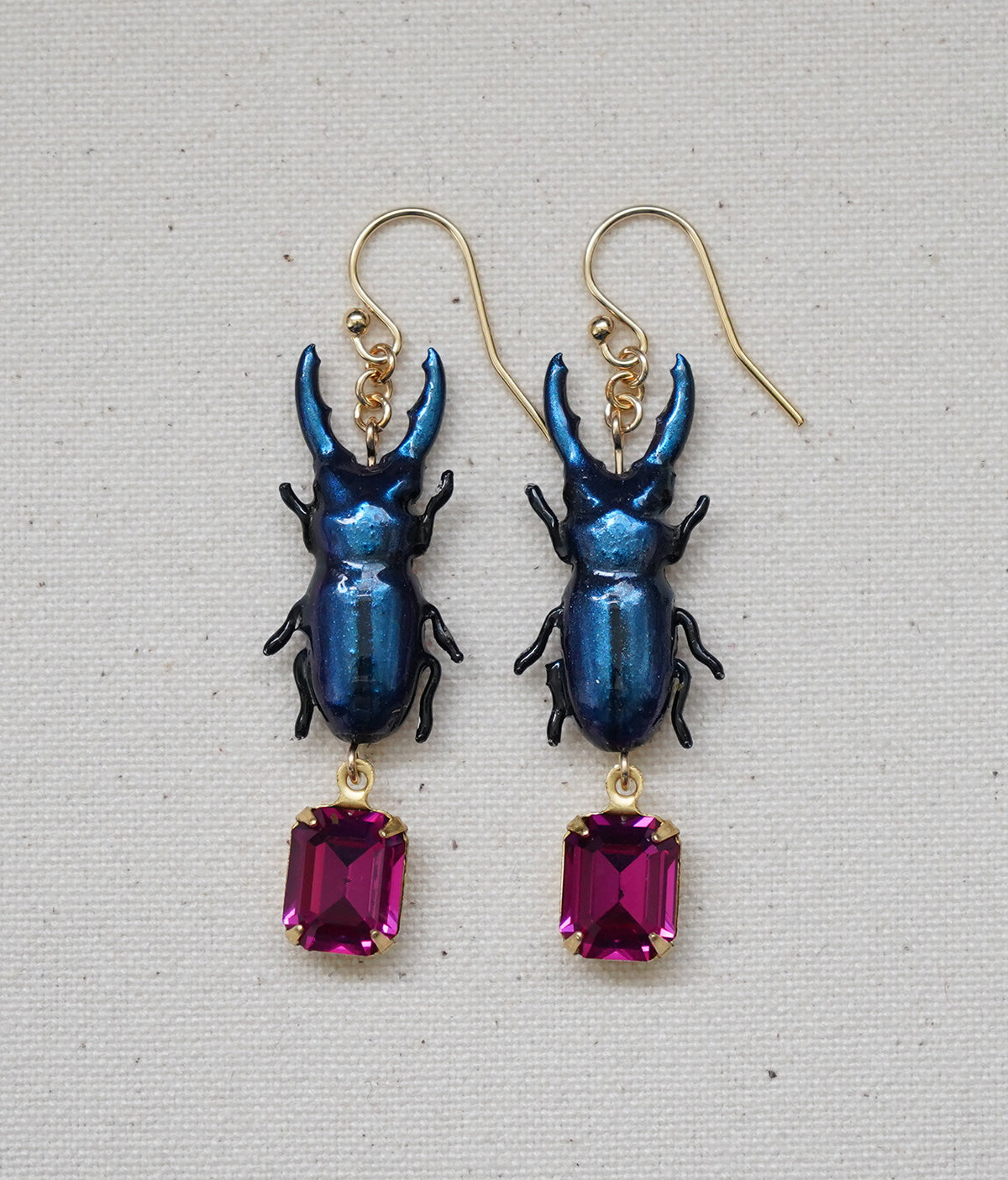 Stag Beetle Earrings (Blue/Fuschia)