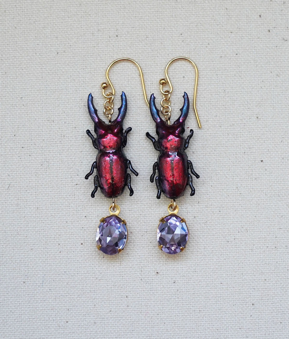 Stag Beetle Earrings (Purple/Red/Lavender)
