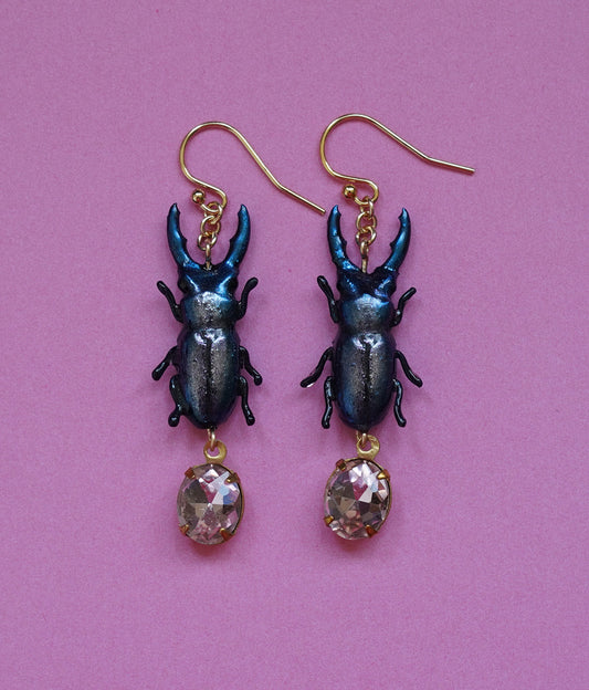 Stag Beetle Earrings (Blue/Pink)