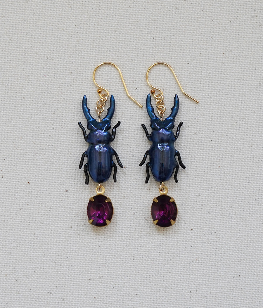Stag Beetle Earrings (Blue)