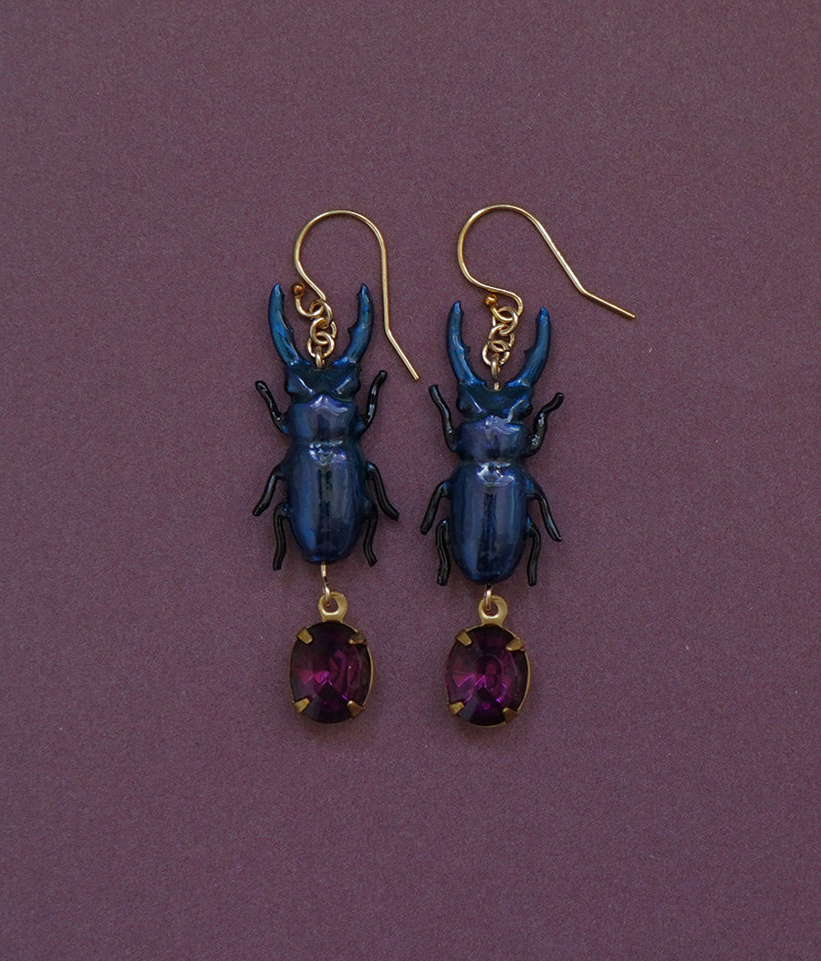Stag Beetle Earrings (Blue)