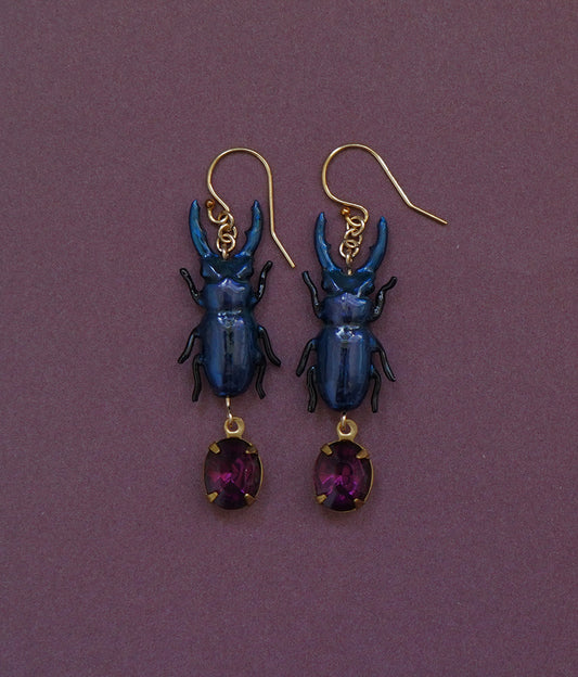 Stag Beetle Earrings (Blue)