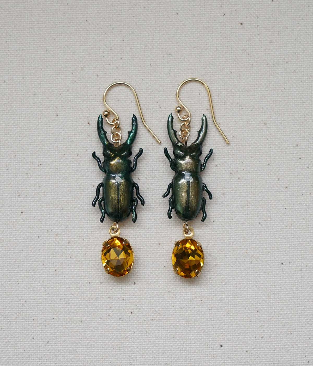 Stag Beetle Earrings (Green/Yellow)