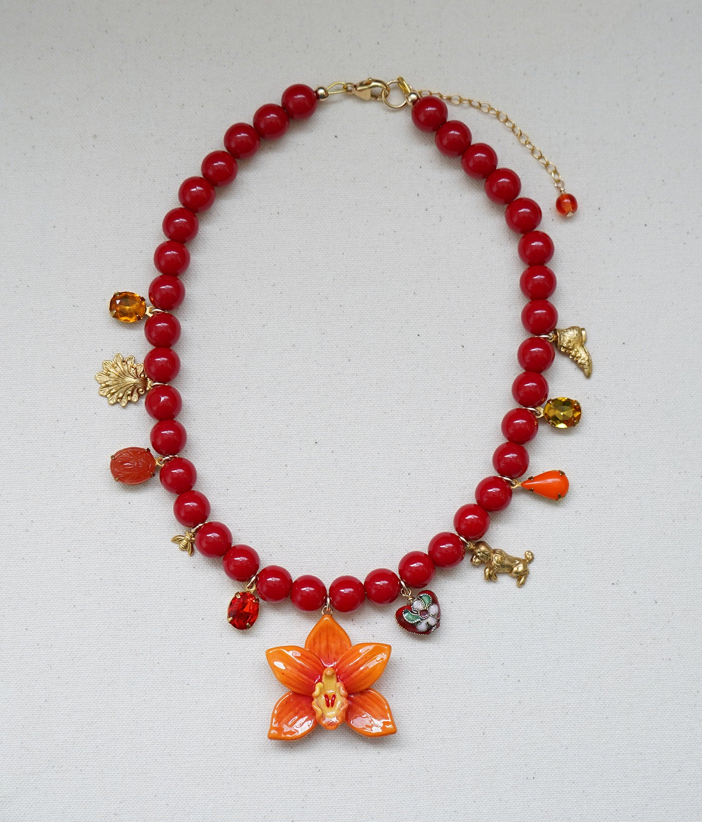 Cymbidium Orchid Charm Necklace (Orange)