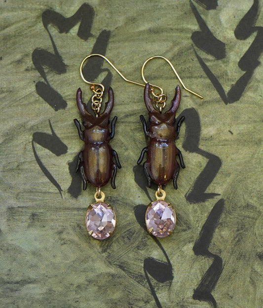 Stag Beetle Earrings (Brown/Gold)