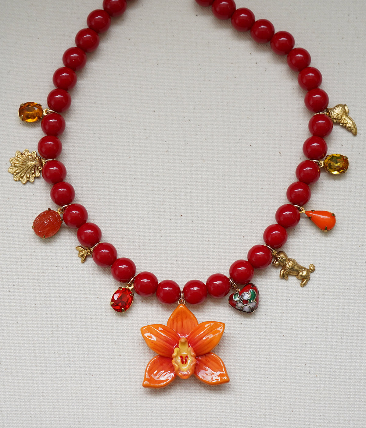 Cymbidium Orchid Charm Necklace (Orange)