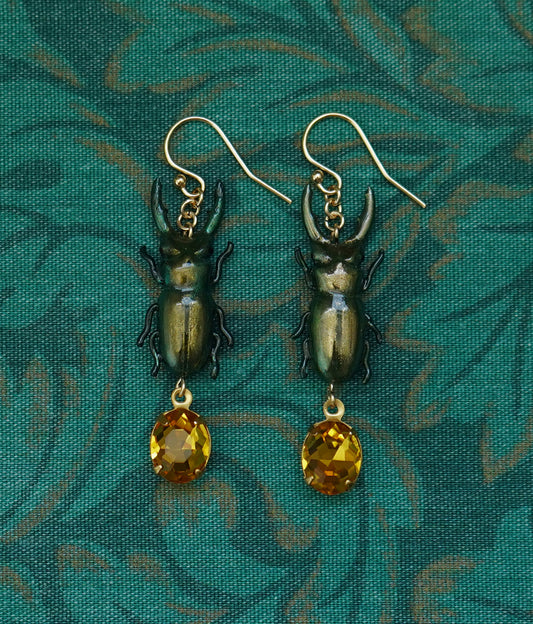 Stag Beetle Earrings (Green/Yellow)