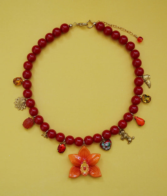Cymbidium Orchid Charm Necklace (Orange)