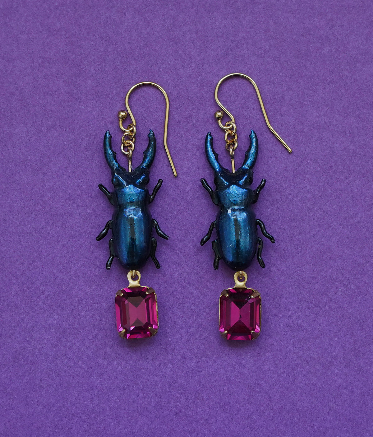 Stag Beetle Earrings (Blue/Fuschia)