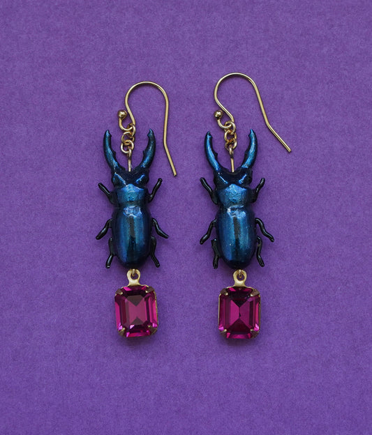 Stag Beetle Earrings (Blue/Fuschia)