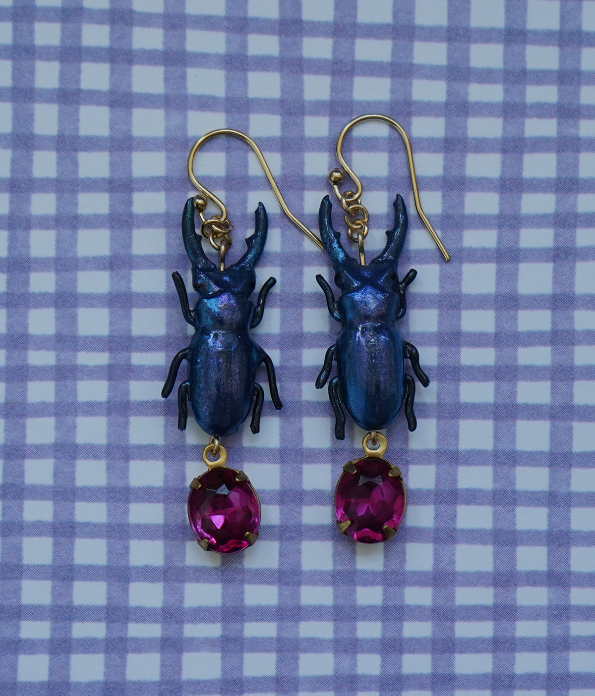 Stag Beetle Earrings (Blue/Pink)