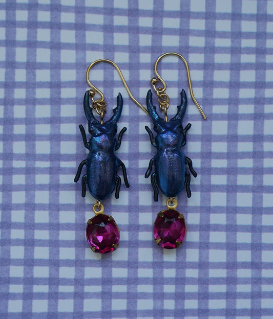 Stag Beetle Earrings (Blue/Pink)
