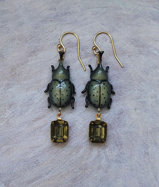 Rhinoceros Beetle Earrings (Olive)