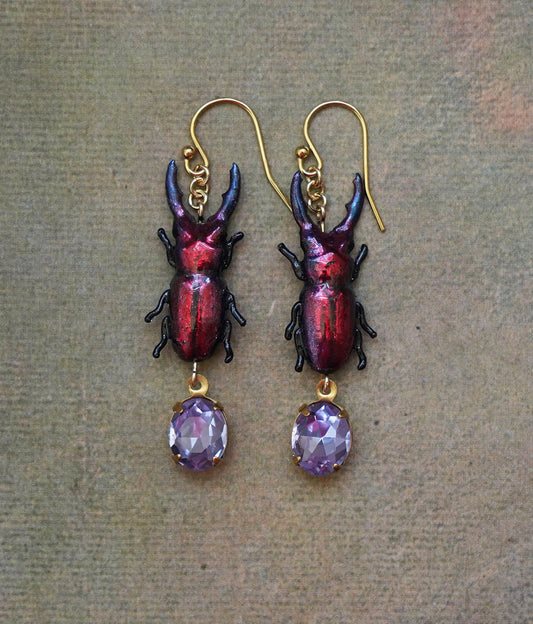 Stag Beetle Earrings (Purple/Red/Lavender)