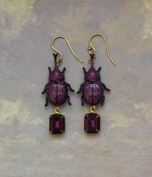 Rhinoceros Beetle Earrings (Grape)