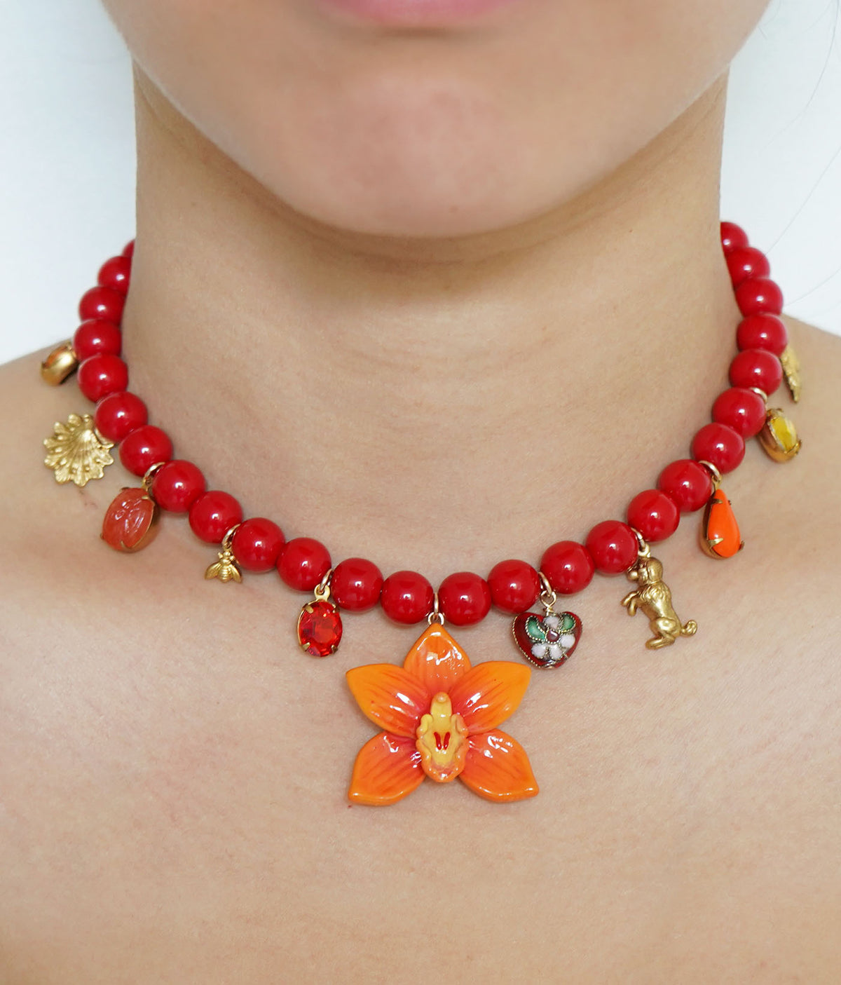Cymbidium Orchid Charm Necklace (Orange)